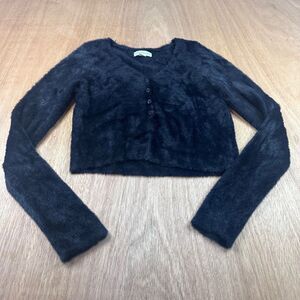 Aeropostale Women’s M Black Fuzzy Cropped Sweater Soft Plush Button Up Top